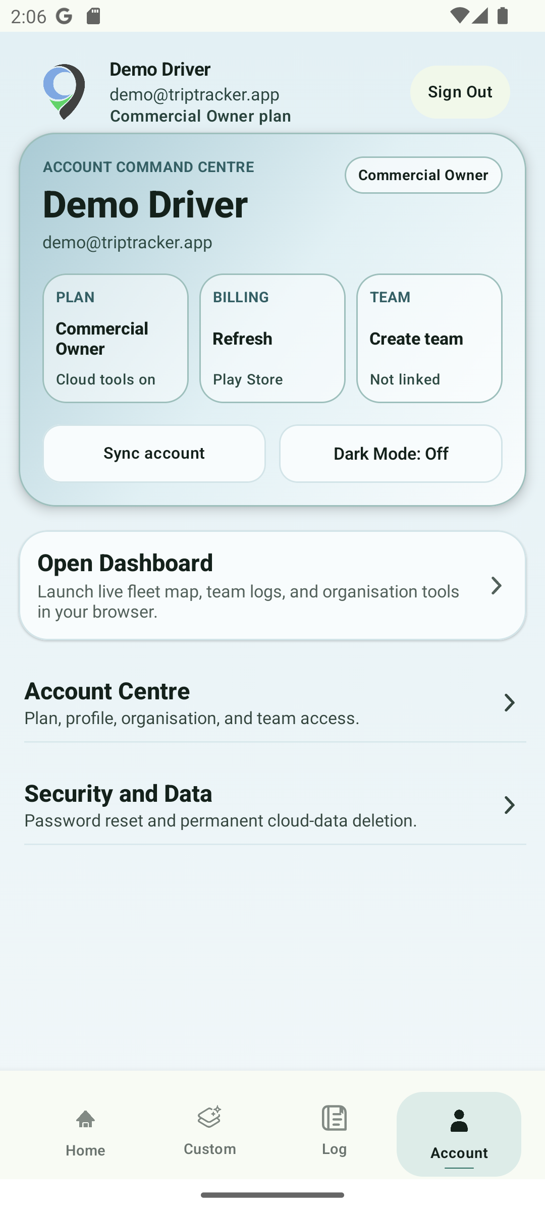 TripTracker demo account screen