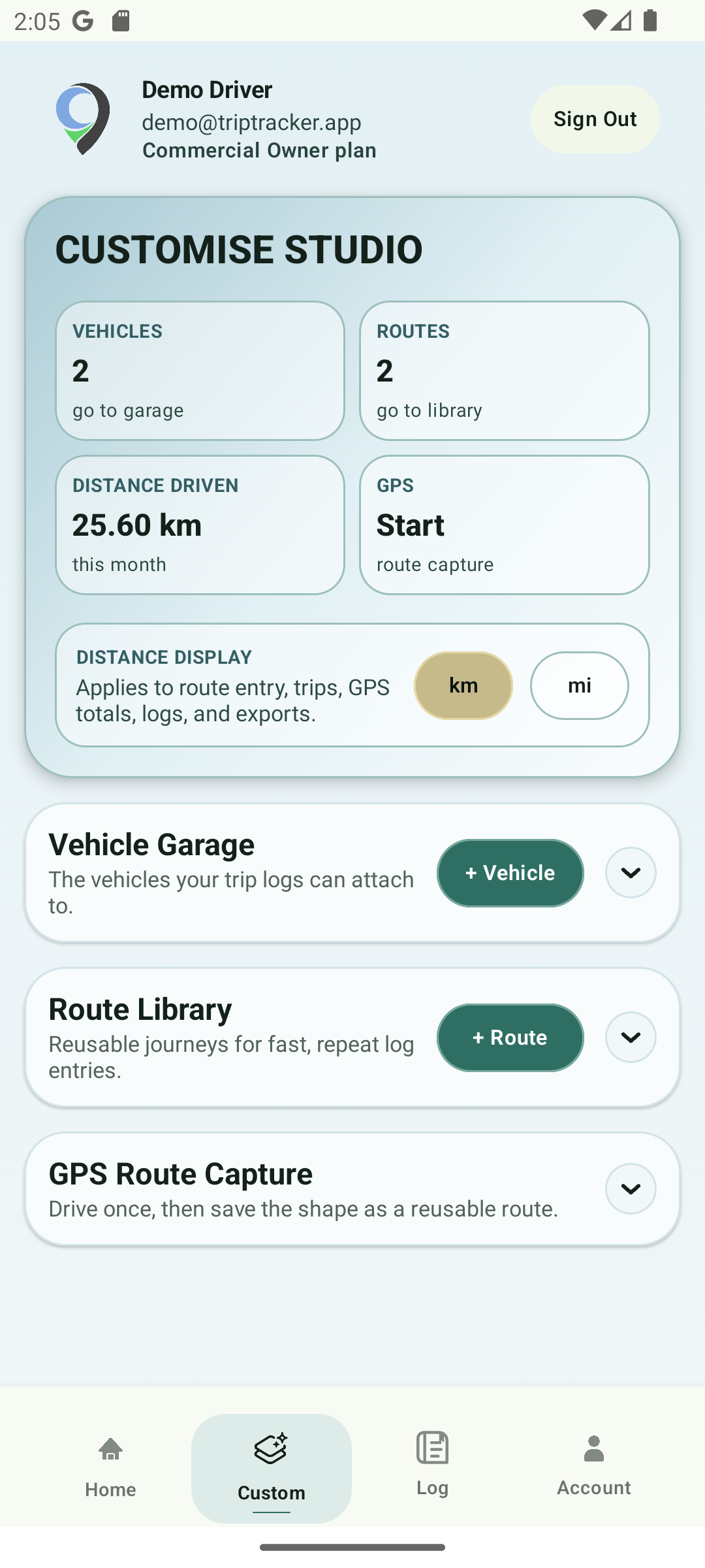 TripTracker demo customise screen