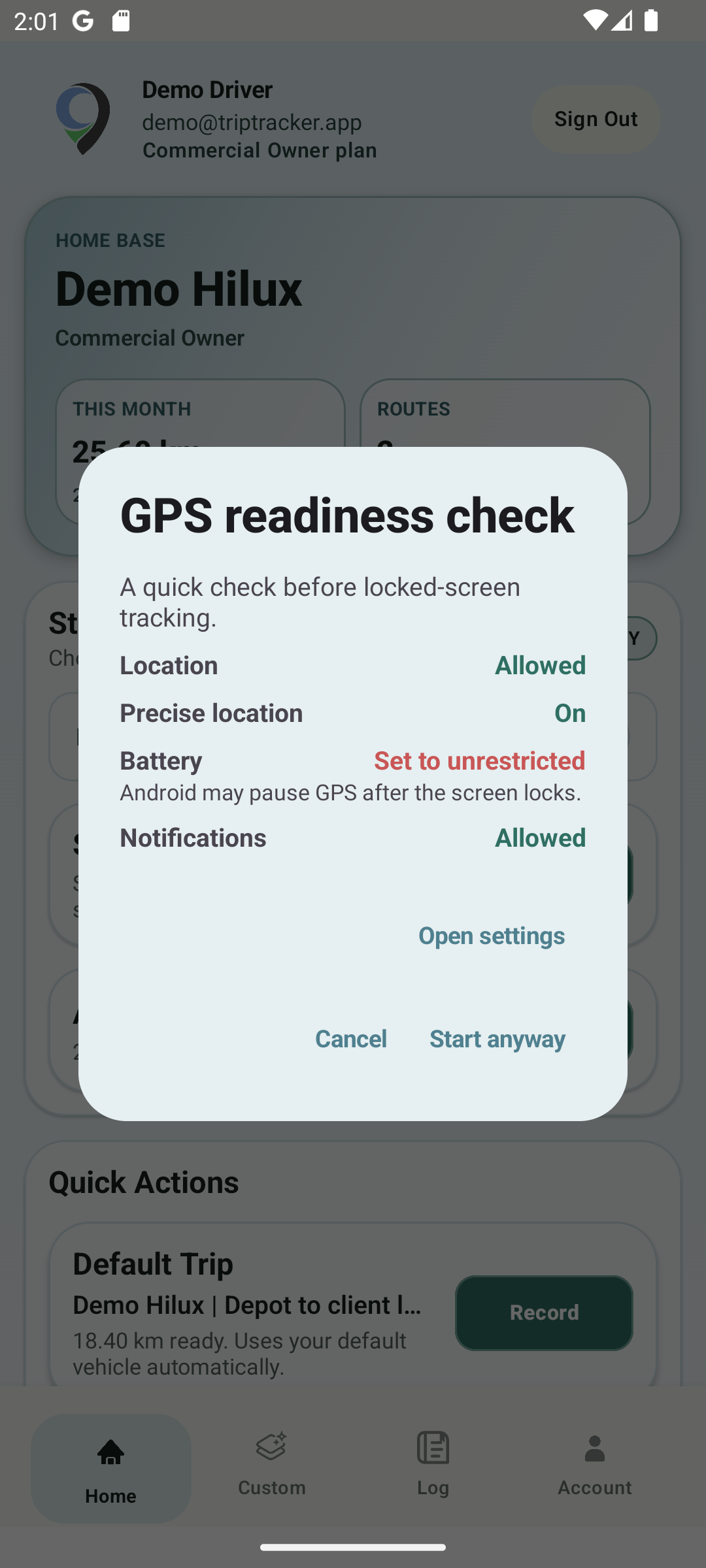 TripTracker demo GPS readiness and review screen
