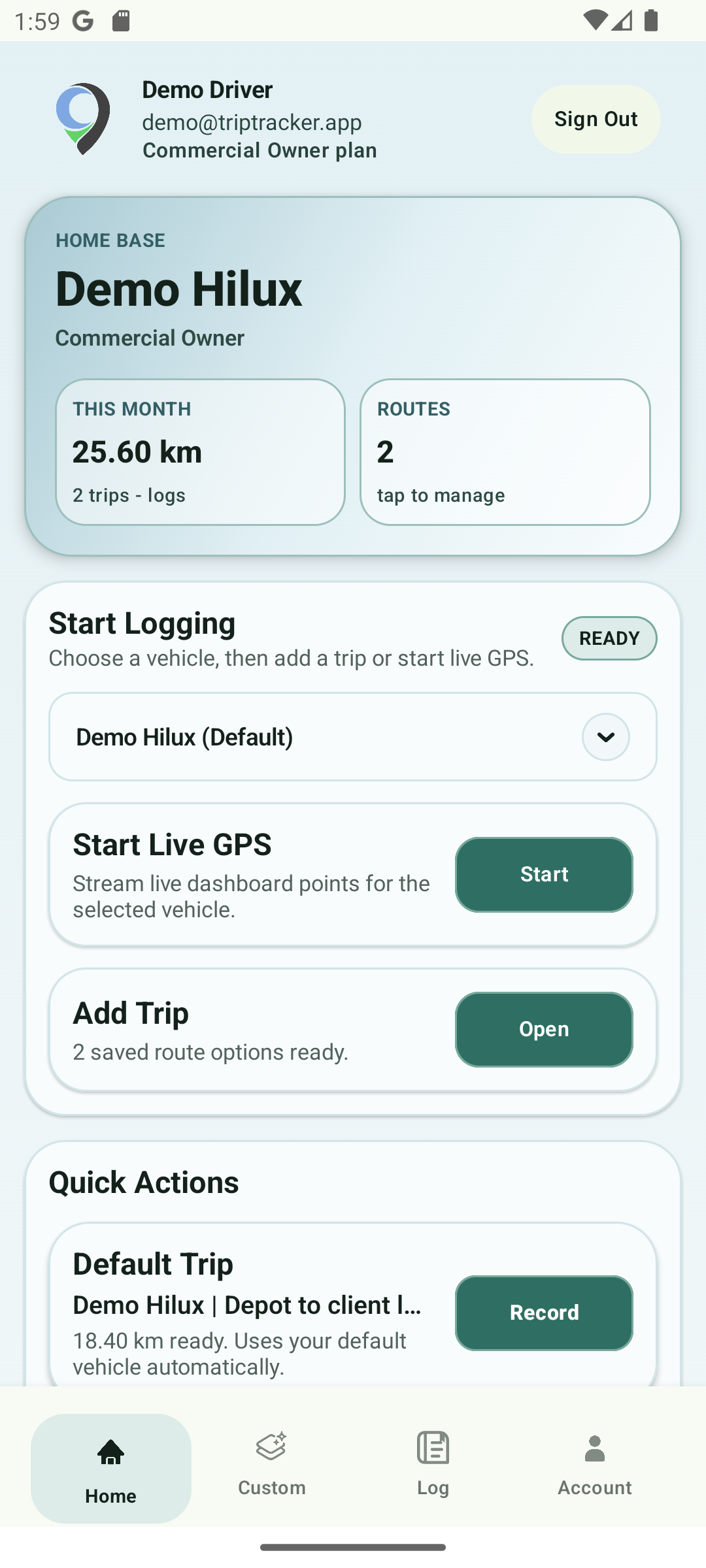 TripTracker demo home screen
