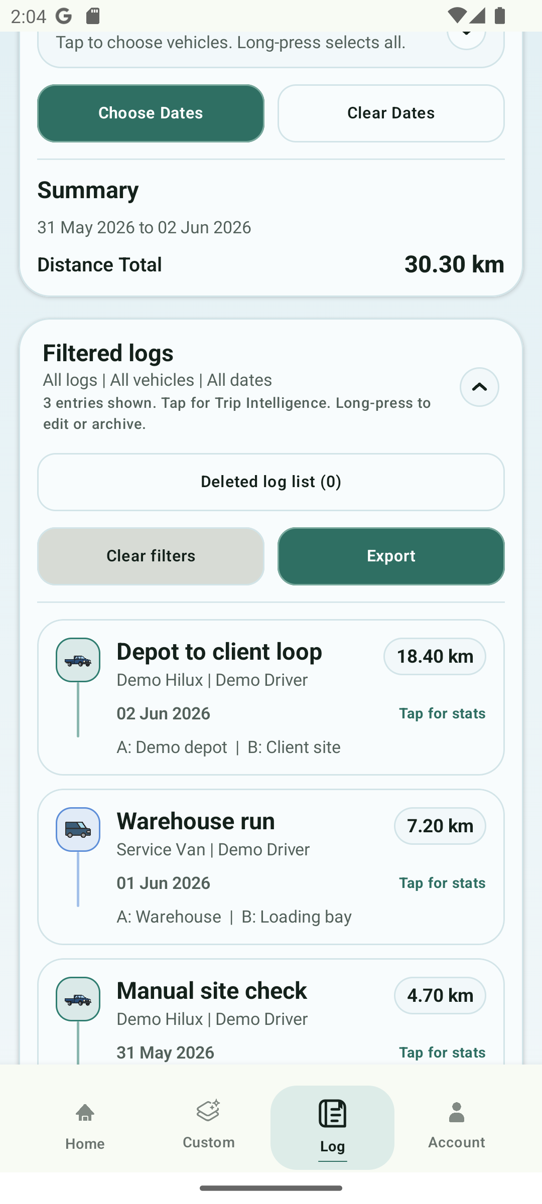 TripTracker demo log and Trip Intelligence screen
